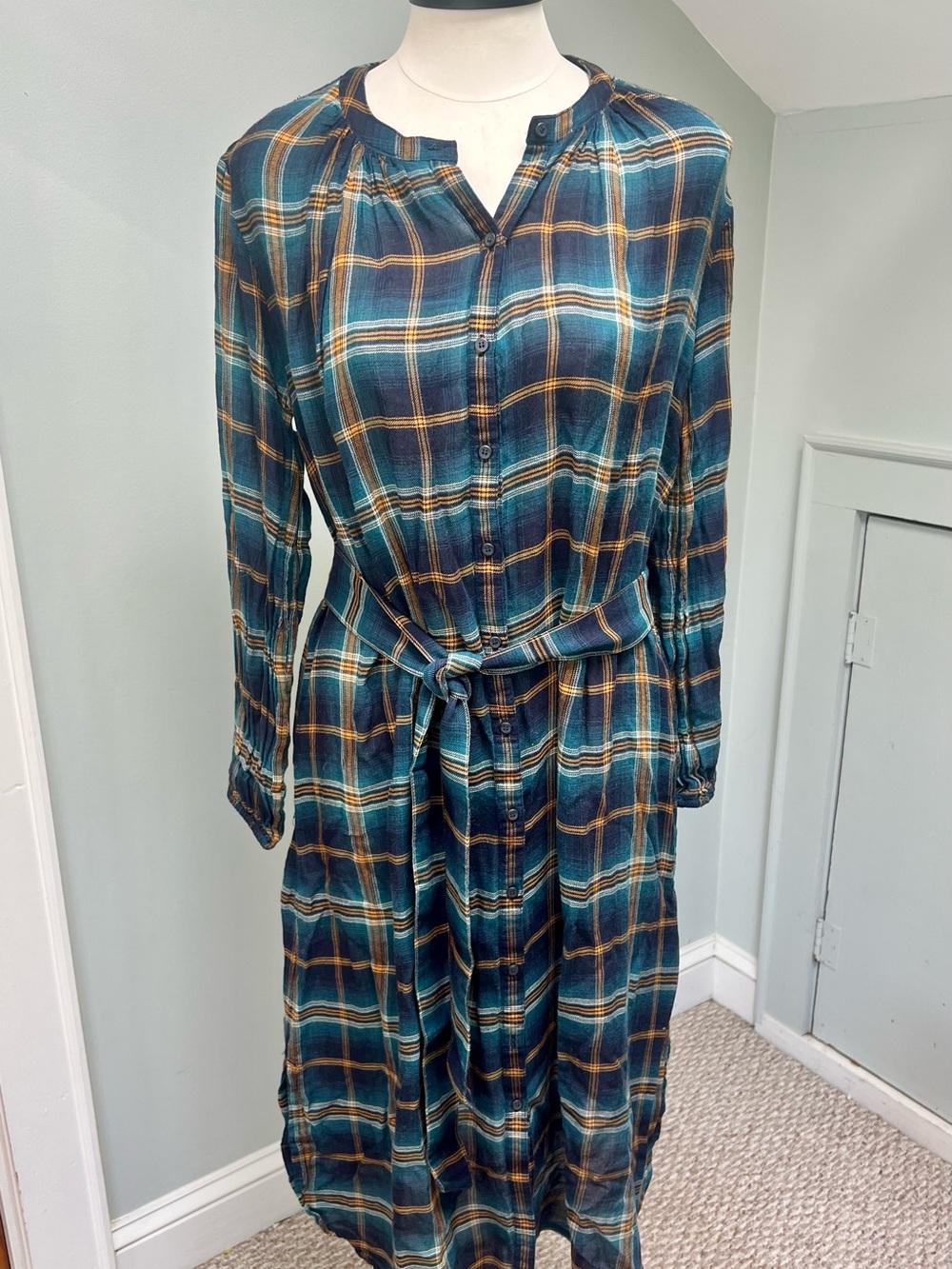 Pendleton Teal Mustard Plaid Long-Sleeve Flannel Shirt Dress